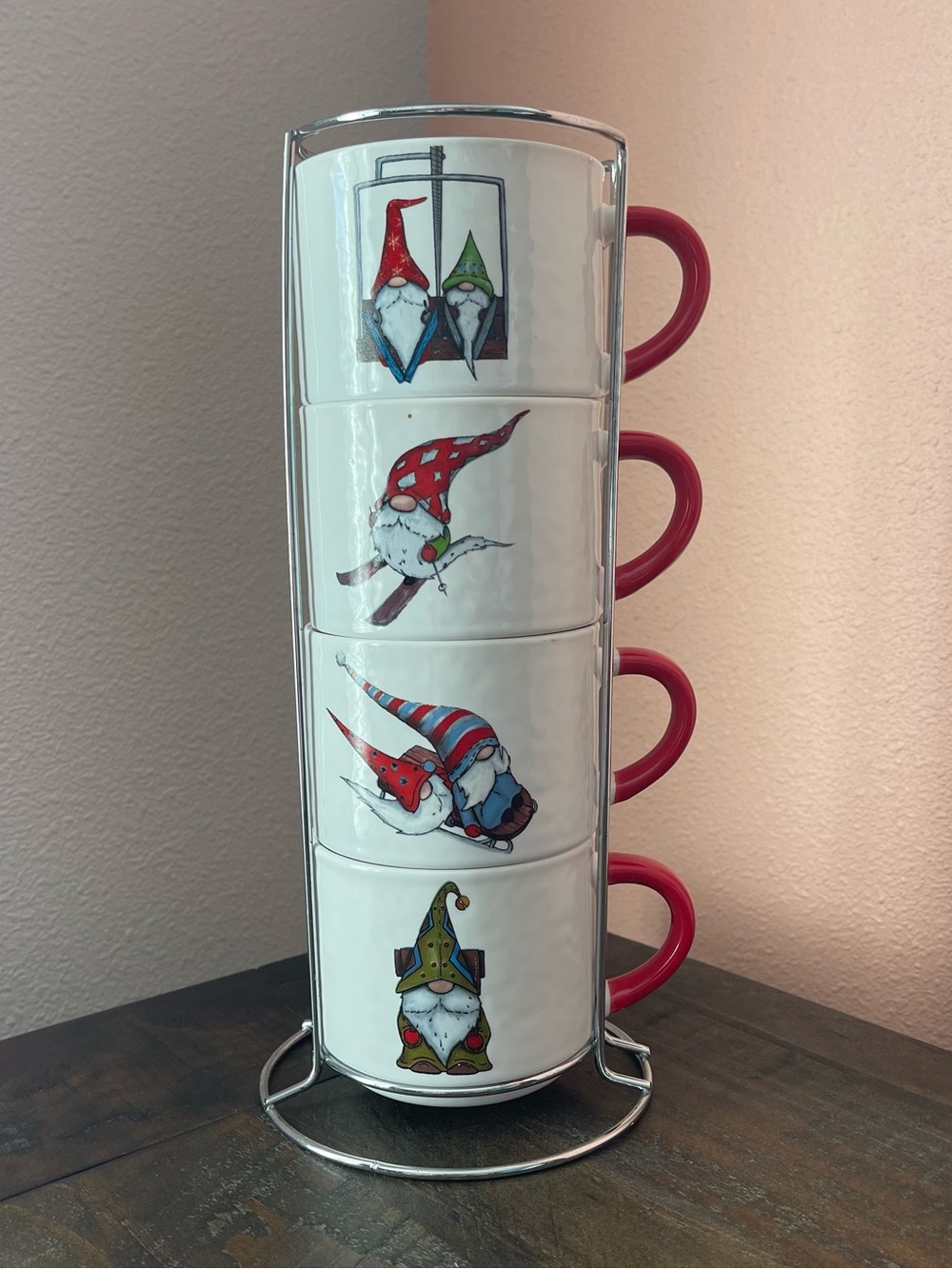 Prima Design Stackable Ceramic Winter Gnome Mug Set with Red Handles